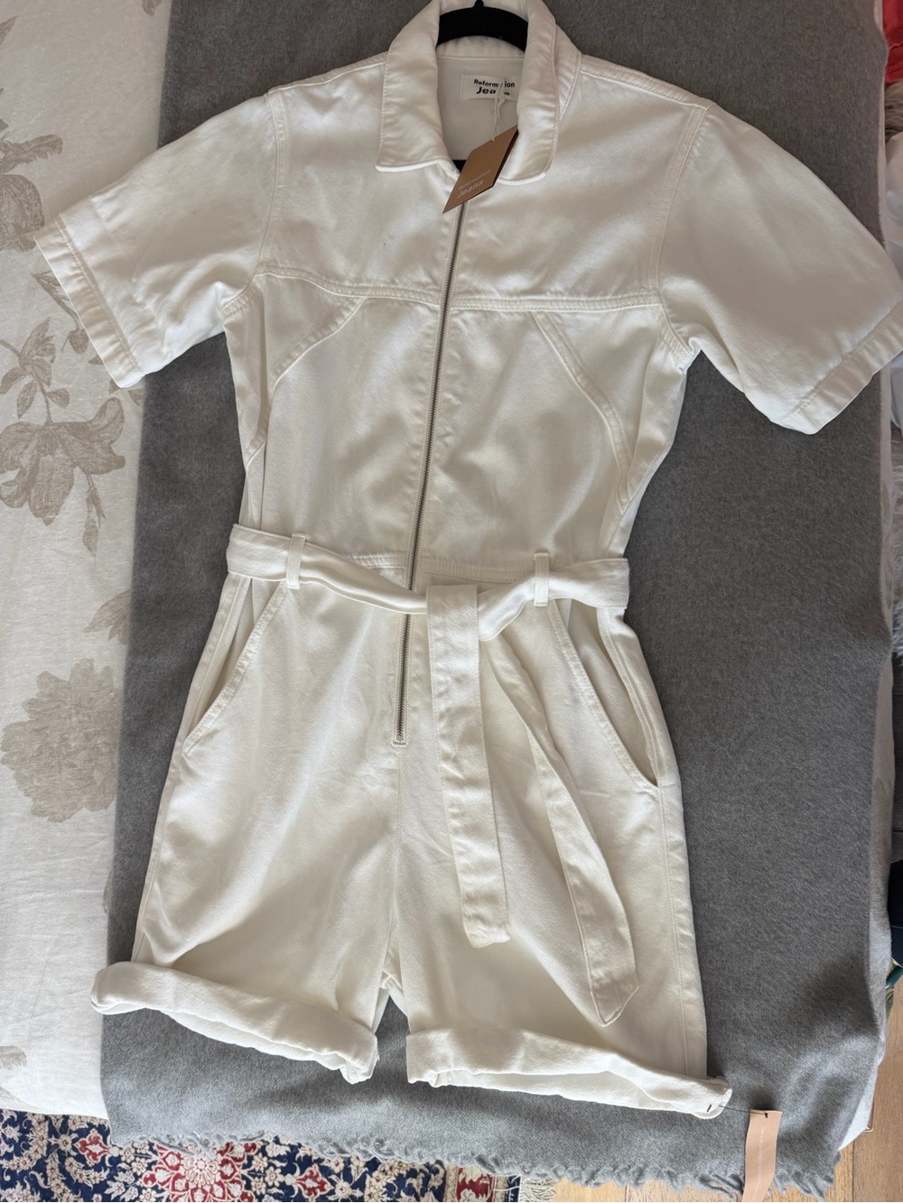Reformation White Short-Sleeve Zip Romper